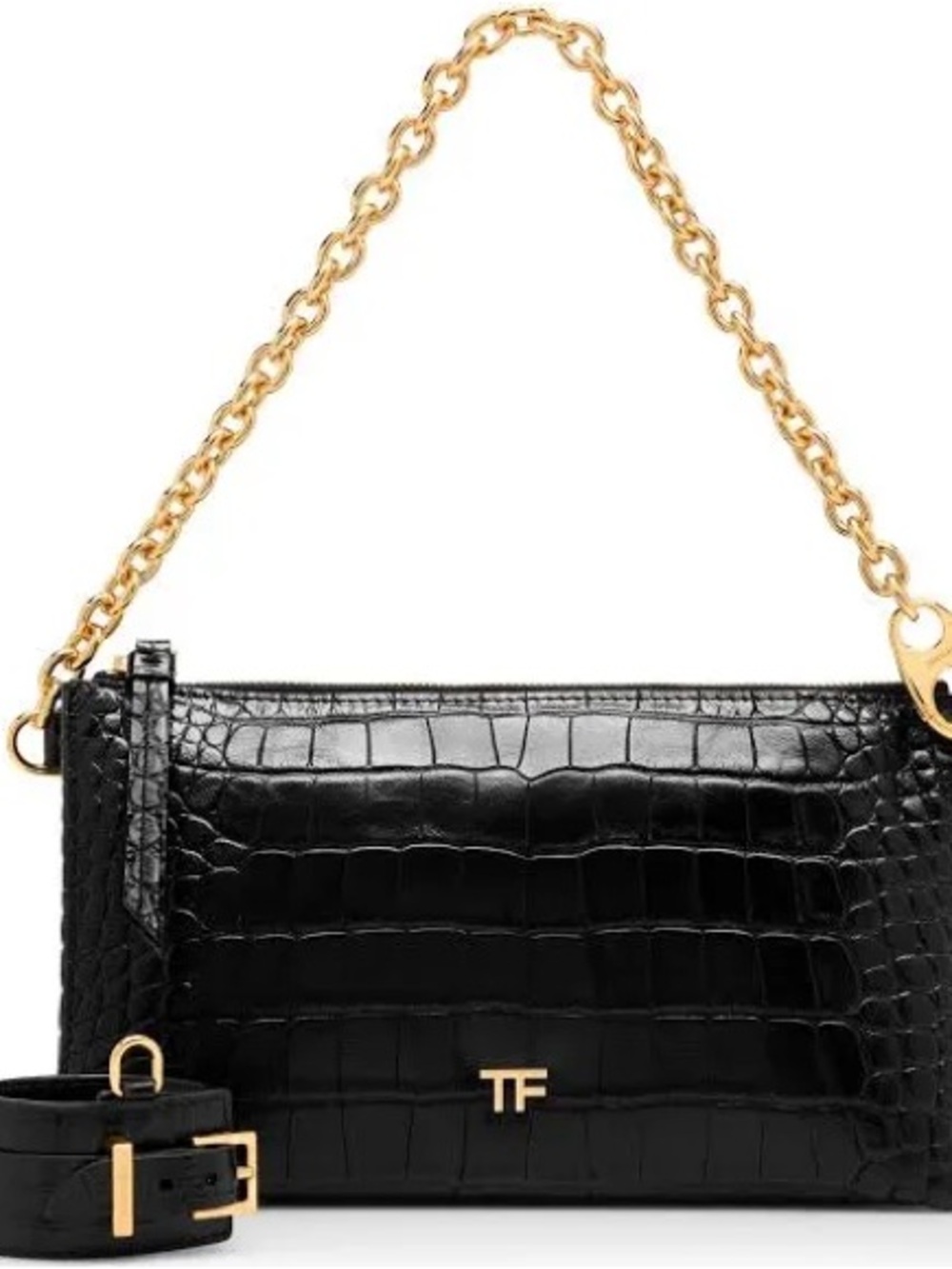 Tom Ford Black Croc-Embossed Leather Crossbody with Gold Chain